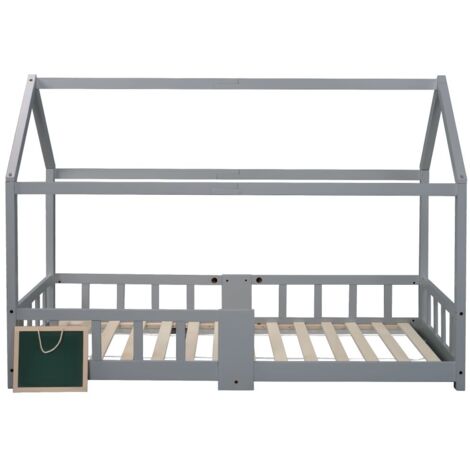 Lit d'enfant, 90 x 200 cm, cadre de lit d'enfant en bois, sommier à lattes anti-chute - Gris