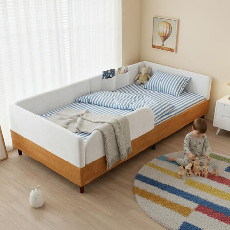 Lit d'enfant 90 x 200 cm, en velours et bois, avec 2 poches de rangement, bordures rembourrées souples, blanc