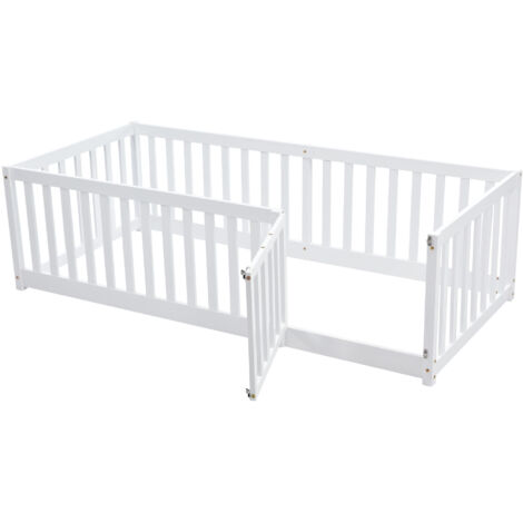 Lit d'enfant 90 x 200 cm, fond en bois Cadre de lit avec barrière et porte - Blanc
