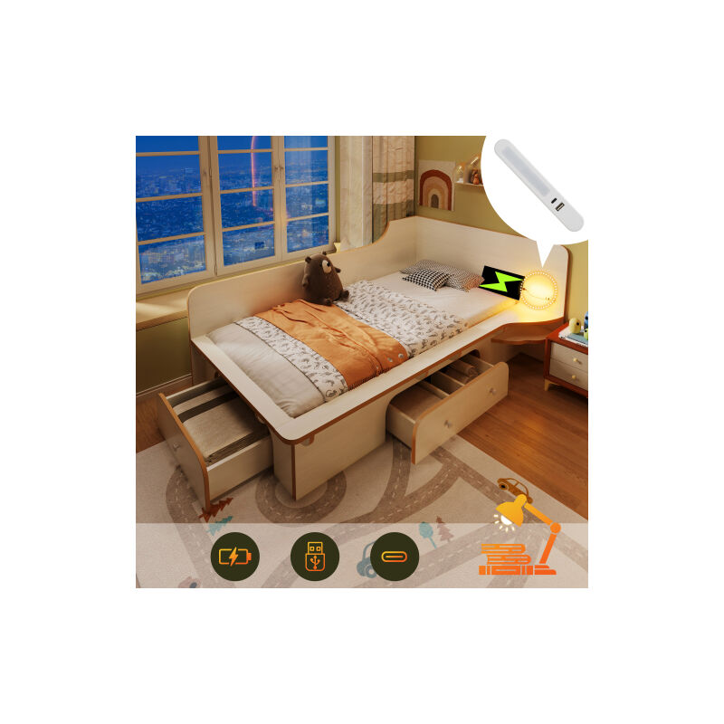 Lit d'enfant 90 x 200 cm, lit en bois avec lampe de lecture, USB, Type C et 3 tiroirs, cadre de lit pour adultes, enfants et adolescents, design