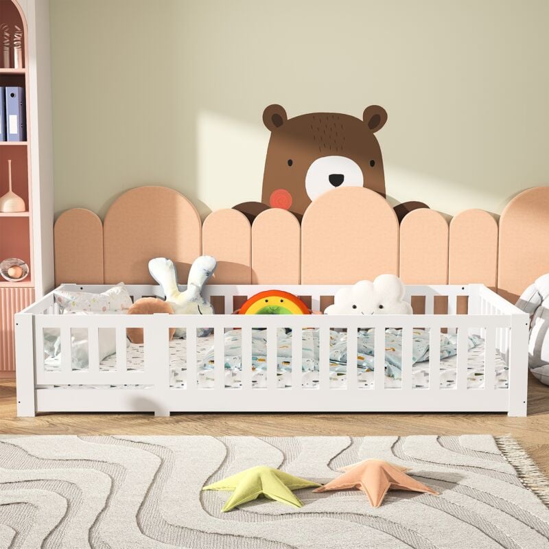 Lit évolutif bébé Lit d'enfant 90 x 200, fond en bois Cadre de lit avec barrière et porte, Blanc