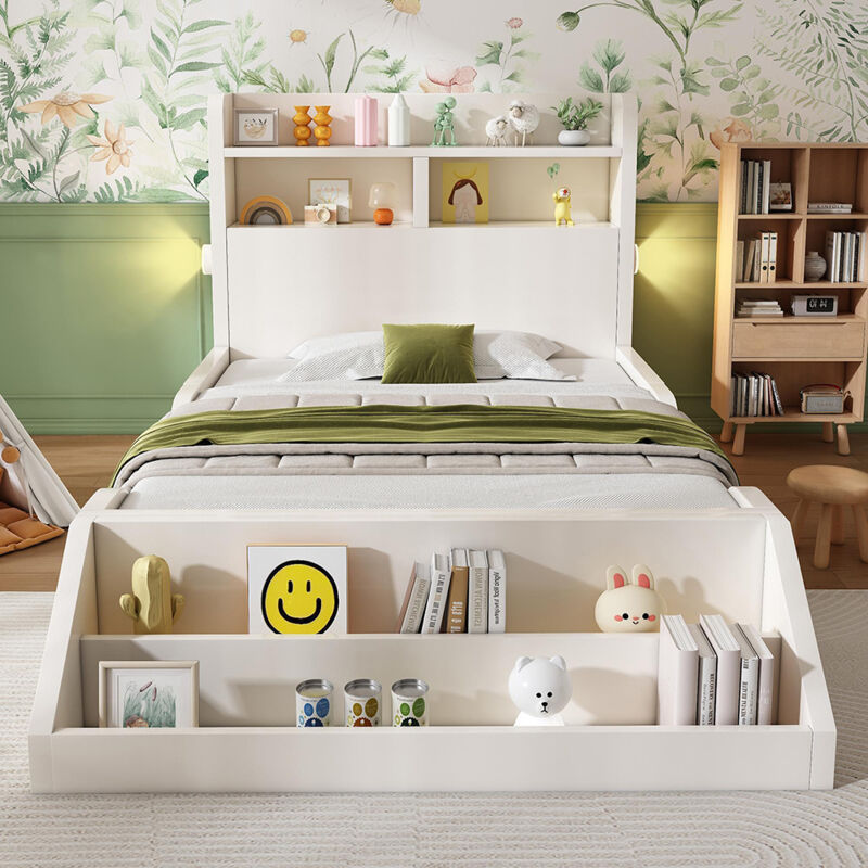 Lit d'enfant avec espace de rangement, veilleuse, bibliothèque amovible, surface blanc pur, bois, blanc - 90x200 cm