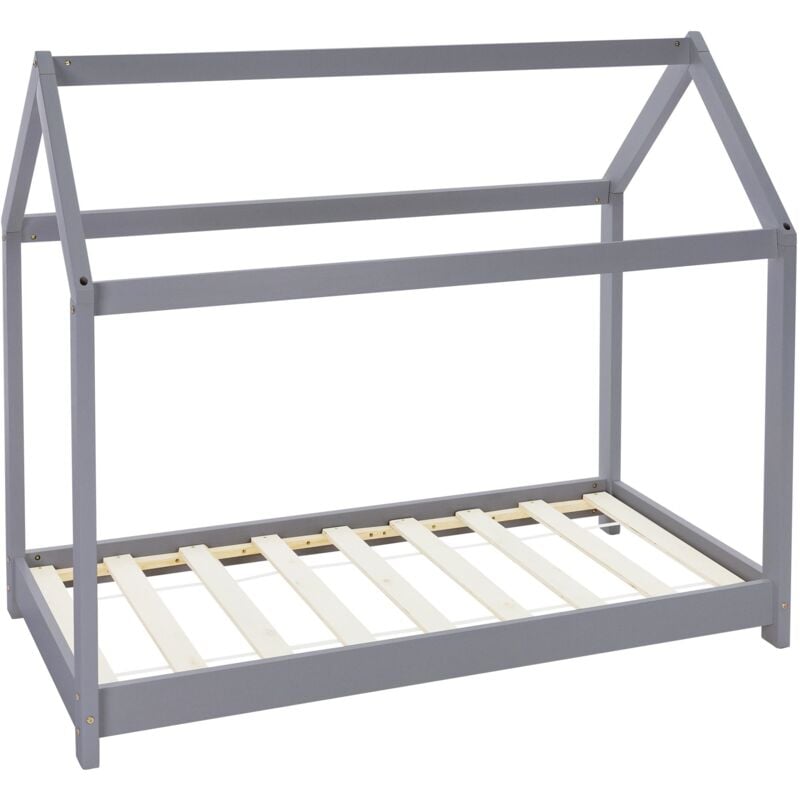 ML-Design Lit d'Enfants 70x140 cm avec Toit et Sommier, Bois de Pin Massf, Gris Clair, Structure Maison Cabane pour Fille et Garçon, Stable, Robuste,