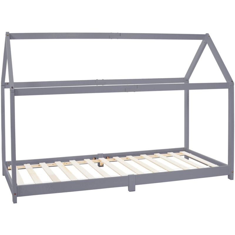Ml-design - Lit d'Enfants 90x200 cm avec Toit et Sommier, Bois de Pin Massf, Gris Clair, Structure Maison Cabane pour Fille et Garçon, Stable,