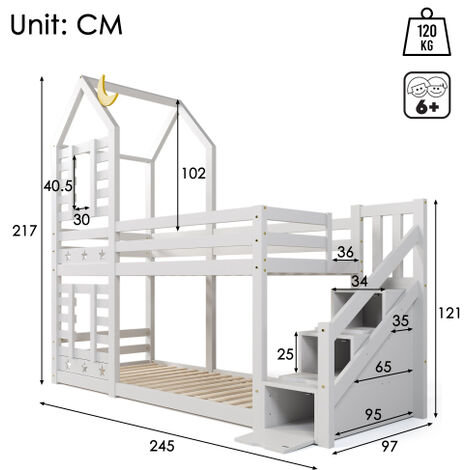 Lit d'enfant cabane avec tiroir et protection contre la chute 90 x 200 cm, lit surélevé pour enfants- 2x sommier à lattes- Blanc