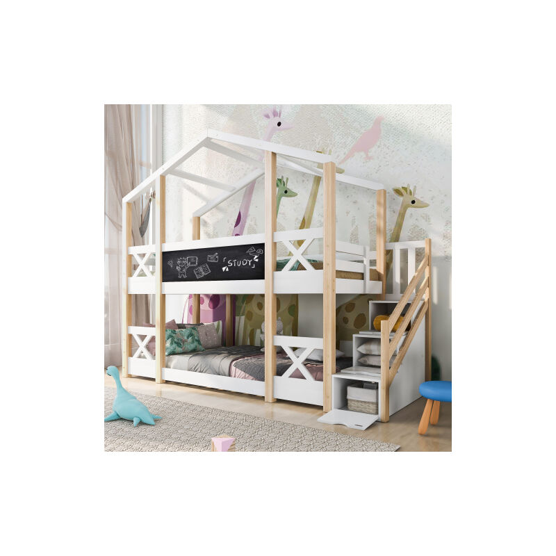 Lit d'enfant cabane dans les arbres avec stockage et protection contre les chutes 90 x 200 cm Lit surélevé pour enfants - 2x sommier à lattes