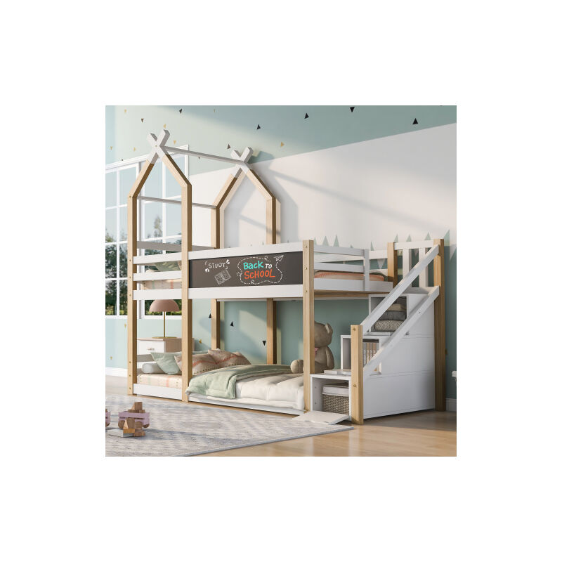 Lit d'enfant cabane dans les arbres avec tableau Lit avec stockage et protection contre les chutes 90 x 200 cm , lit surélevé pour enfants - 2x