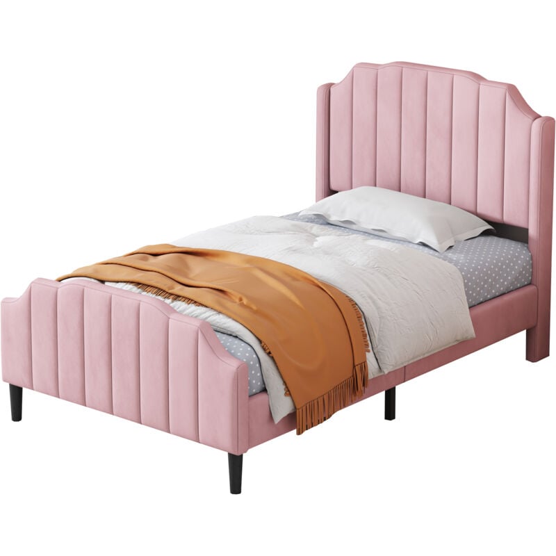 Gutent - Lit d'enfant capitonné 90 x 200 cm, cadre de lit avec tête de lit, pied de lit, velours - Rose