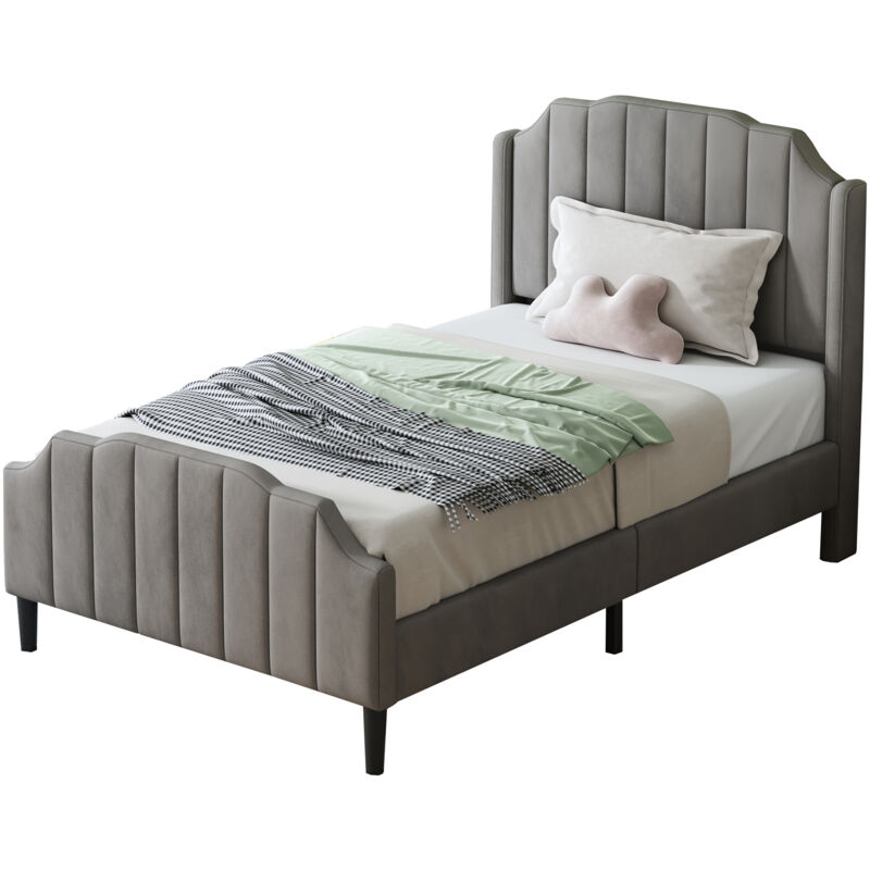 Gutent - Lit d'enfant capitonné 90 x 200 cm, cadre de lit avec tête de lit, pied de lit, velours - Gris