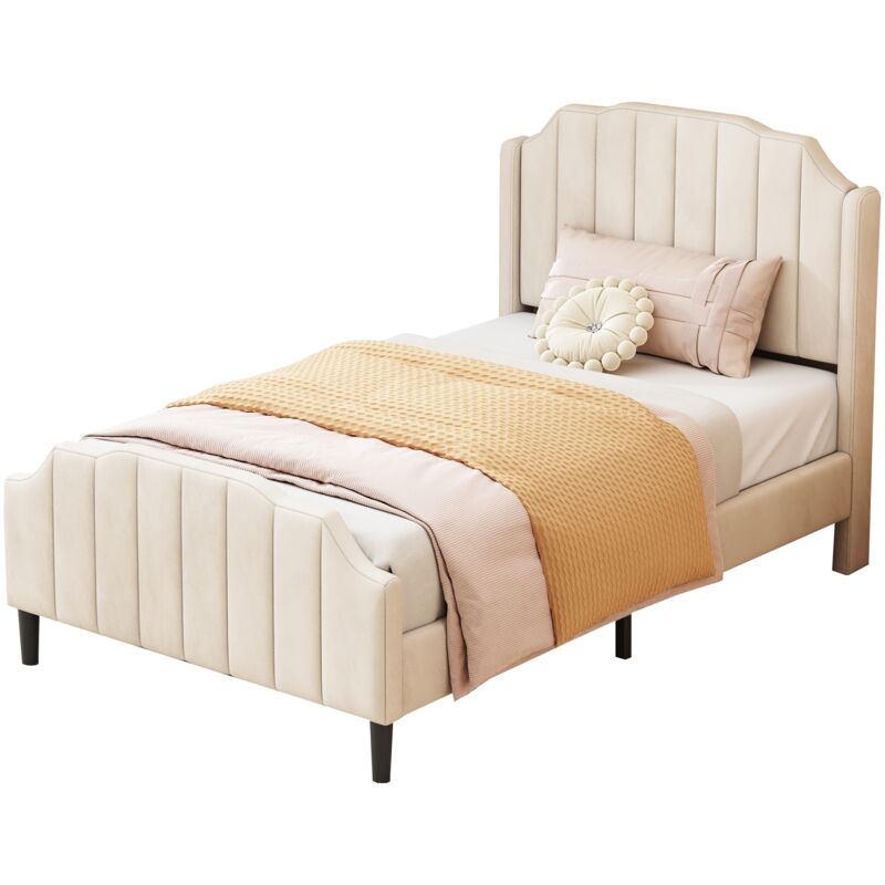 Lit d'enfant capitonné 90 x 200 cm, cadre de lit avec tête de lit, pied de lit, velours - Beige