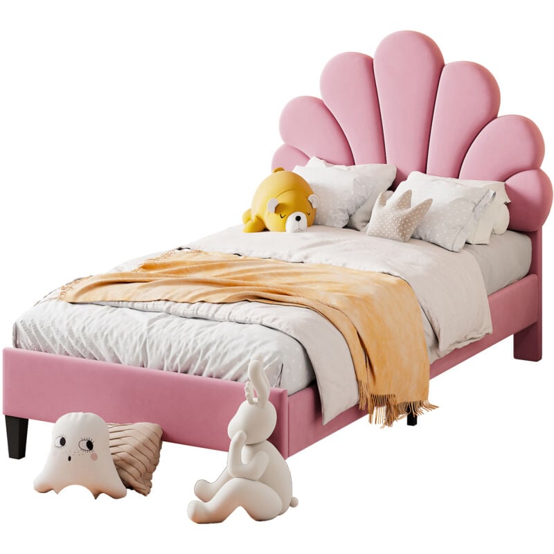 Gutent - Lit d'enfant capitonné 90 x 200 cm, tête de lit et lattes fleuries, velours doux, rose