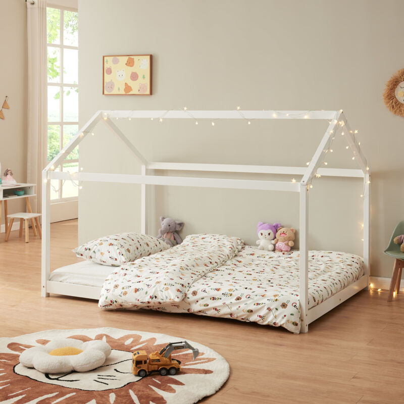 [en.casa] - Lit d'Enfant de Forme Maison Cerro Pin 140 x 200 cm Blanc Mat Laqué
