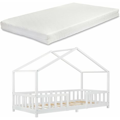 Lit d'enfant design en forme maison avec barrière et matelas en mousse bois de pin contreplaqué 90x200 cm blanc mat laqué 030005455