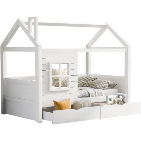 Lit d'enfant en bois 90X200 pour garçons & filles avec 2 tiroirs et protection contre les chutes fenêtre et sommier à lattes, blanc