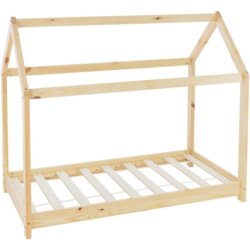 Lit d'Enfants 80x160 cm avec Toit et Sommier en Bois de Pin Massf, Nature, Structure Maison Cabane pour Fille et Garçon, Stable et Robuste, Lit de