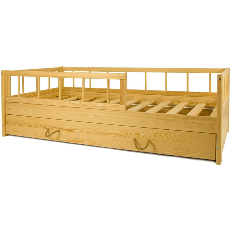 Lit d'Enfant en Bois naturel Style Scandinave 160x80cm avec Barrière et Double Couchage : Confort et Sécurité Assurés - Bois