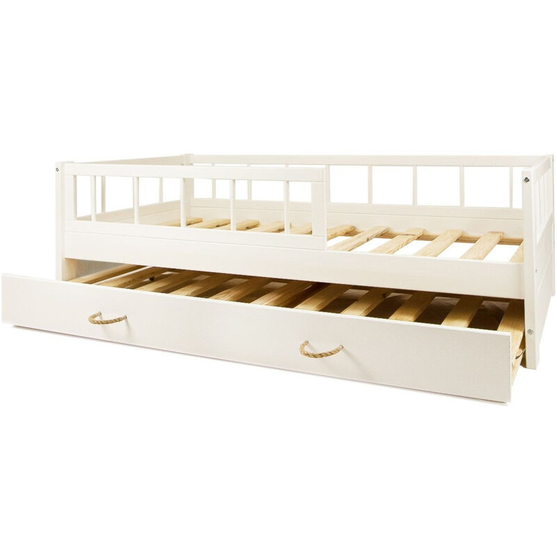 Lit d'Enfant en Bois naturel Style Scandinave 160x80cm avec Barrière et Double Couchage : Confort et Sécurité Assurés - Blanc