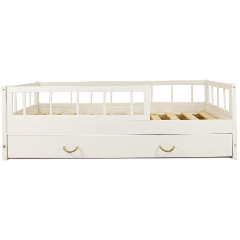 Lit d'Enfant en Bois naturel Style Scandinave 160x80cm avec Barrière et Tiroir : Confort et Sécurité Réunis - Blanc