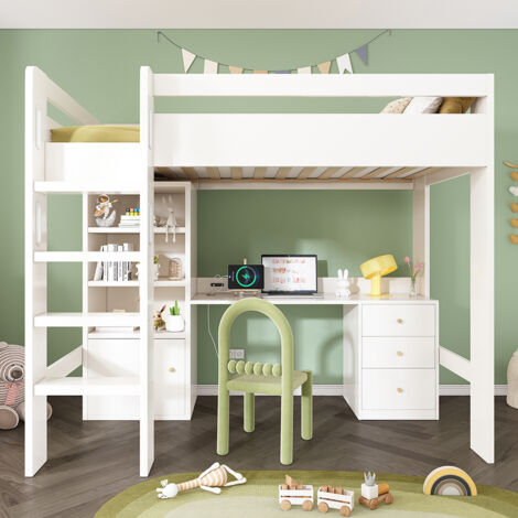 Lit d'enfant en mezzanine avec bureau USB-C, armoire et classeur avec escalier et sommier à lattes, 90 x 200, sans matelas