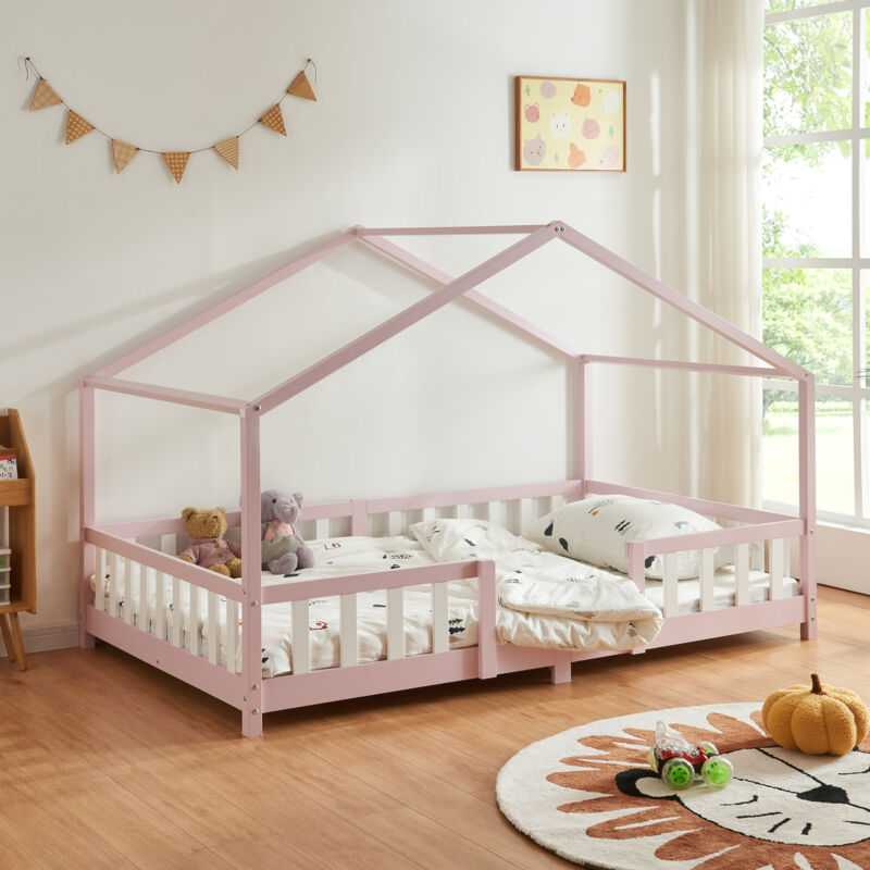 [en.casa] - Lit d'Enfant Forme Maison avec Grille de Protection Treviolo 200 x 120 cm Rose
