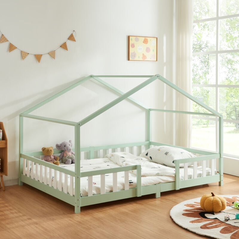 [en.casa] - Lit d'Enfant Forme Maison avec Grille de Protection Treviolo 200 x 120 cm Vert Menthe