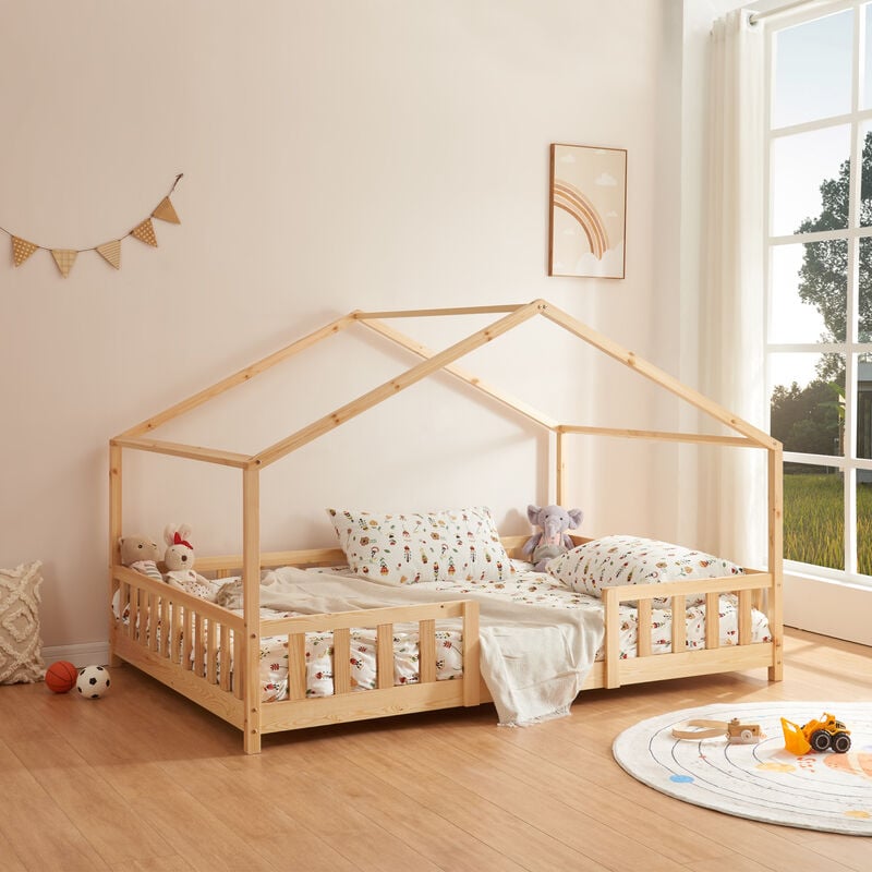 [en.casa] - Lit d'Enfant Forme Maison avec Grille de Protection Treviolo 200 x 140 cm Naturel
