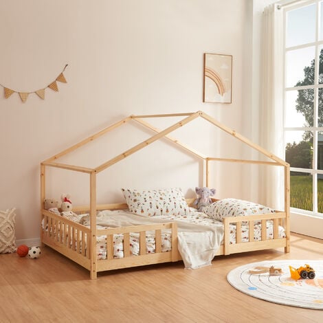 Lit d'Enfant Forme Maison avec Grille de Protection Treviolo 200 x 140 cm Naturel [en.casa]