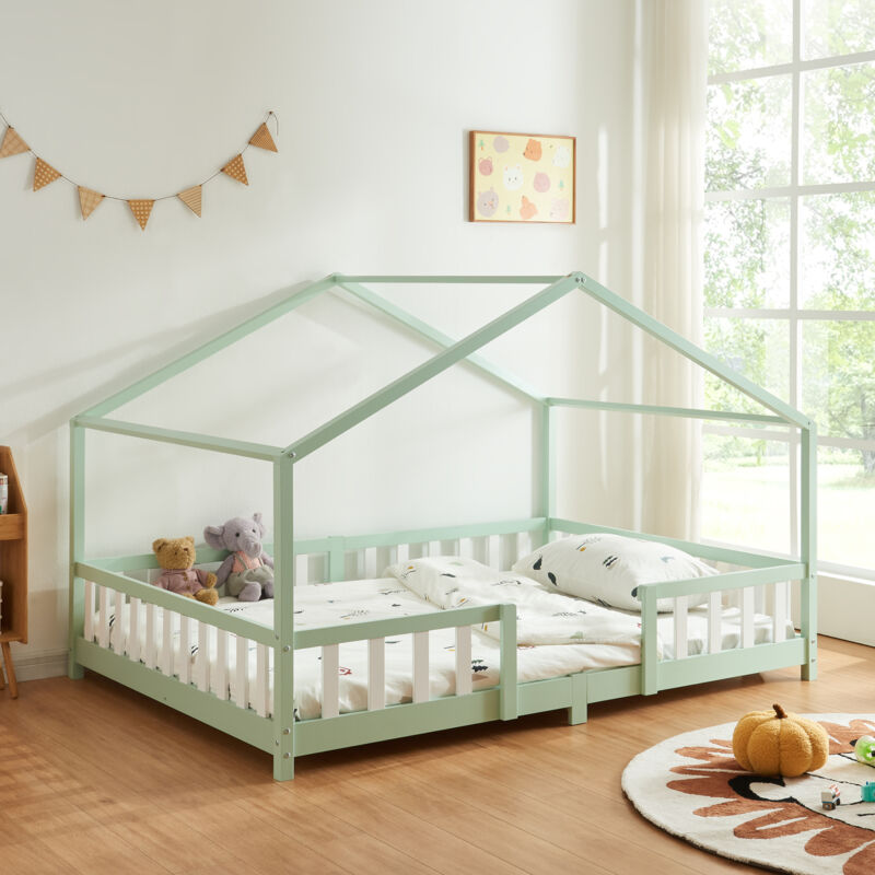[en.casa] - Lit d'Enfant Forme Maison avec Grille de Protection Treviolo 200 x 140 cm vert menthe