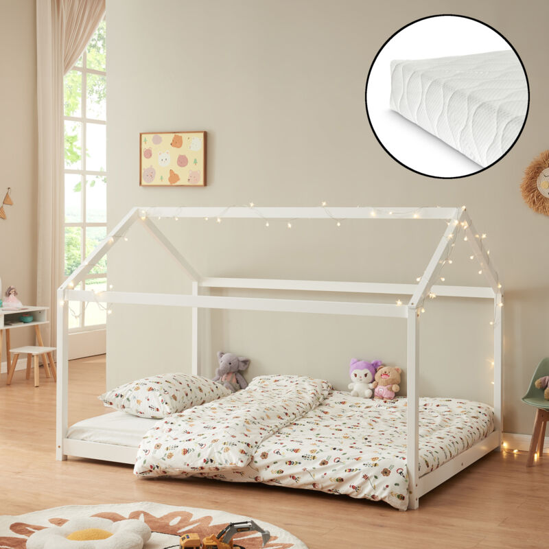 [en.casa] - Lit d'Enfant Forme Maison Cerro avec Matelas Mousse à Froid 120 x 200 cm Blanc