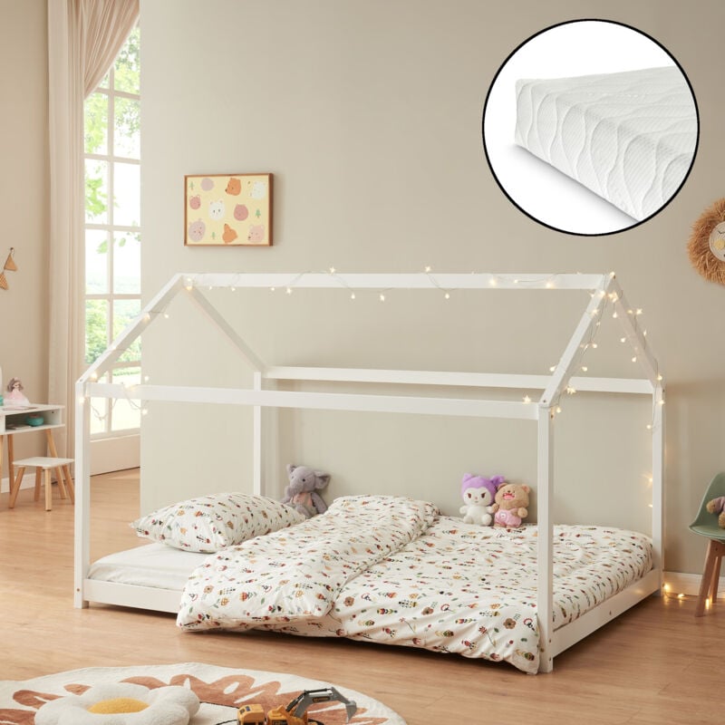 [en.casa] - Lit d'Enfant Forme Maison Cerro avec Matelas Mousse à Froid 140 x 200 cm Blanc