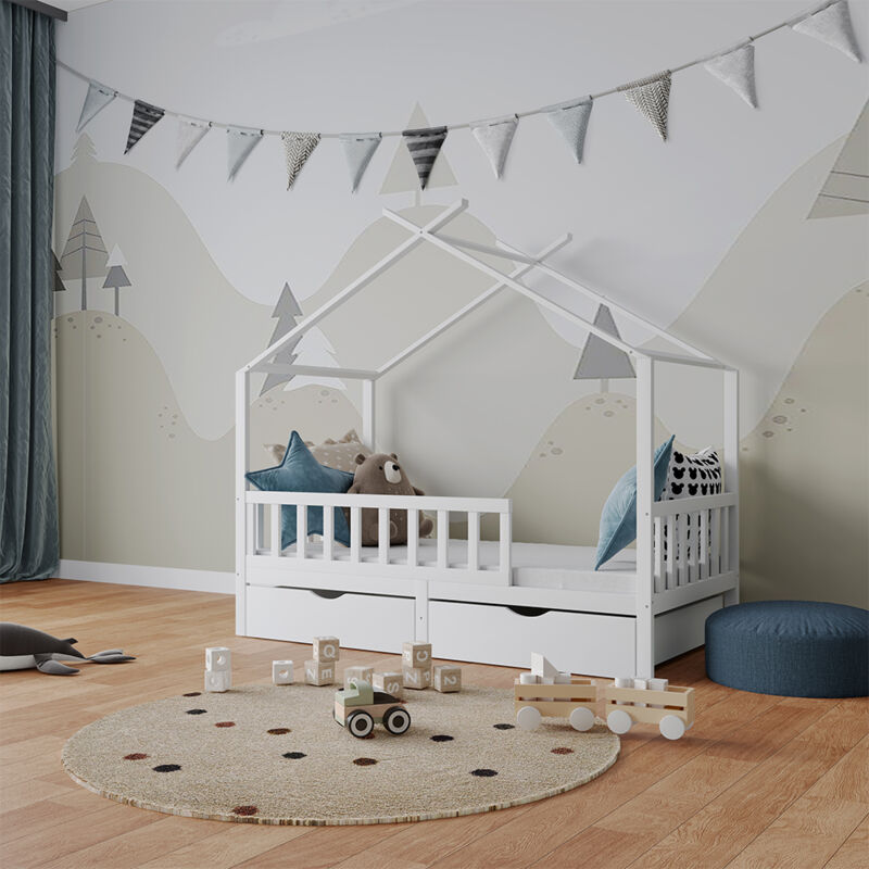 Livinity - Lit cabane Franka, Blanc, 80x160 cm avec 2 tiroirs et matelas, Vitalispa