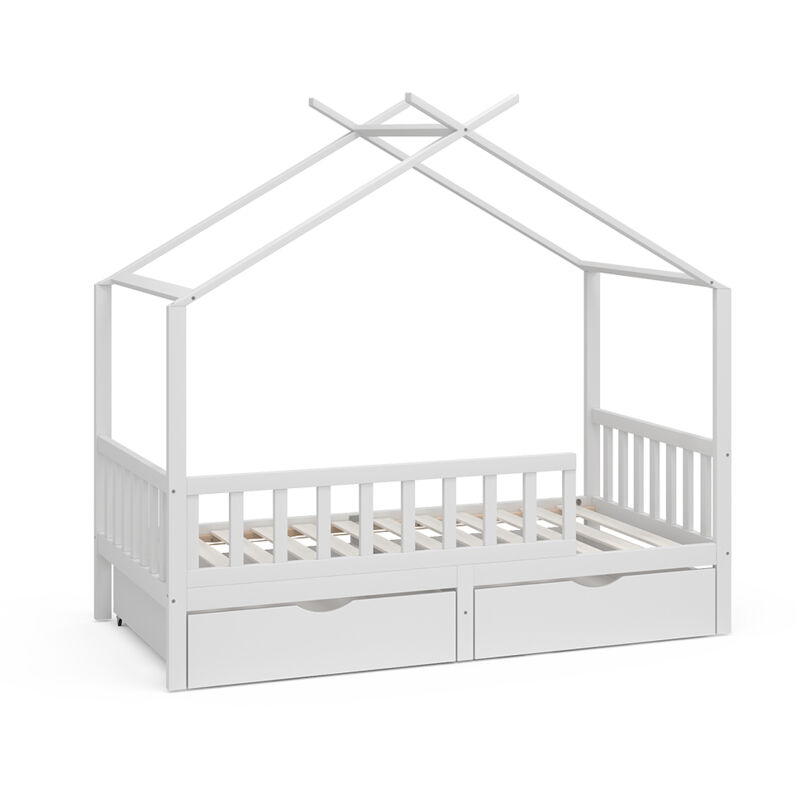 Lit cabane Franka, Blanc, 80x160 cm avec 2 tiroirs, Vitalispa