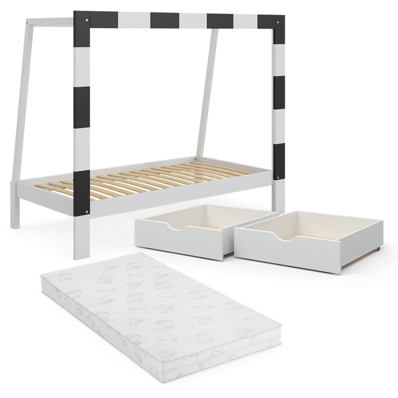 Lit d'enfant Fußballtor, Blanc, 178x142.5cm avec tiroir et matelas Vitalispa