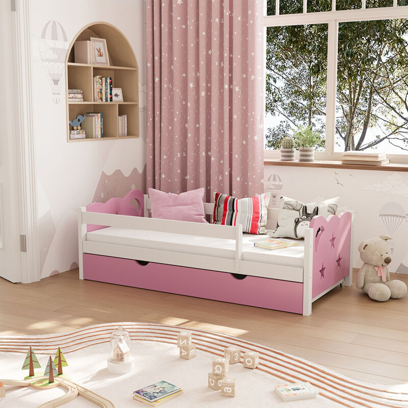 Lit pour enfant Jessica, Rose, 80x160 cm avec tiroir et matelas, Vitalispa