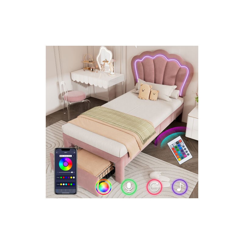 Lit d'enfant LED Lit simple 90 x 200 cm avec tiroirs Lit rembourré APP-Control LED Cadre de lit Sommier à lattes et tête de lit réglable, cadre de