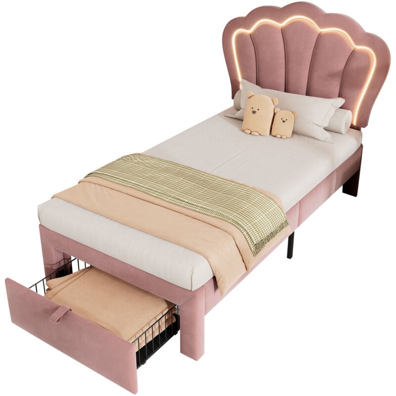 Gutent - Lit d'enfant led Single , lit rembourré avec tiroirs APP-Control led ,Velvet pink- 90 x 200 cm