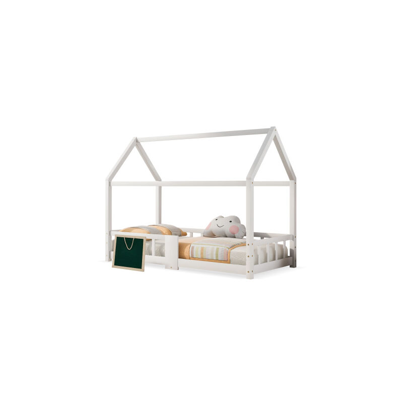 Lit d'enfant Lit de maison 90 x 200 cmLit en bois pour chambre d'enfant incl.tableau Sommier à lattes antichute, en pinBlanc (sans matelas)