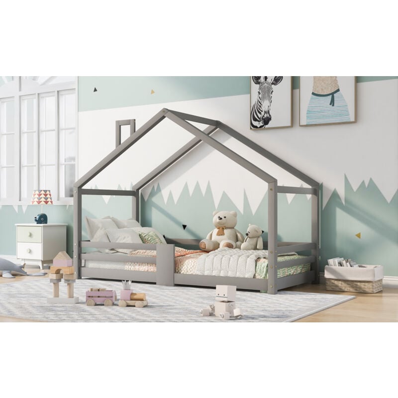 Lunsy - Lit d'enfant, Lit cabane enfant, avec cheminée Protection antichute Sommier à lattes robuste Bois de pin Maison Lit for Kids, 90 x 200 cm