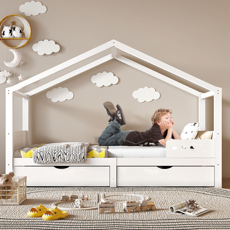 Lafomukea - Lit d'enfant Lit d'enfant avec double tiroir, lit d'enfant antichute, sommier à lattes stable, certificat environnemental en pin, lit