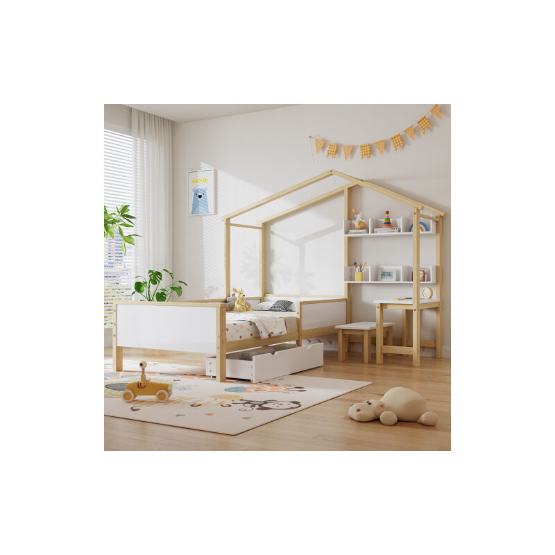 Lit d'enfant, lit familial avec tiroirs et étagères, avec table et tabourets, bois massif, avec plaque de protection et cadre à Lattes