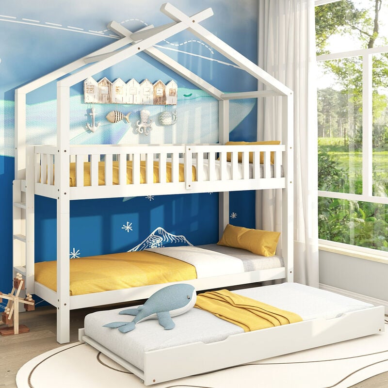 Lit cabane lit enfant lit jeune, 90x200 cm, trois lits, gigogne, design peu encombrant, blanc Okwish