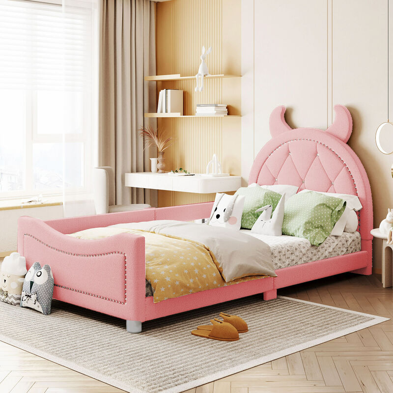 lit d'enfant lit rembourré 90200 cm canapé-lit cadre en tissu peluche lit moelleux multifonctionnel avec dossier lit de jeunesse lit d'appoint rose