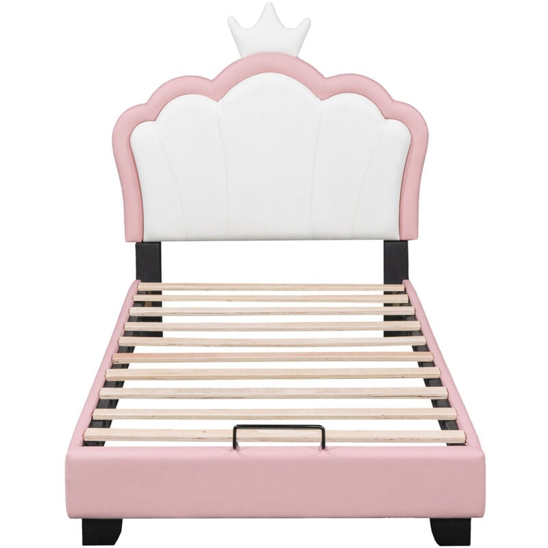 Lit bébé rembourré, 90x200 cm, avec sommier à lattes et dossier, forme couronne, rose (matelas non inclus)