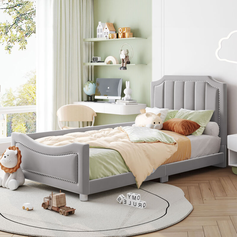 Lit enfant Lit Simple 90x200 cm, canapé-lit cadre, avec dossier lit, gris