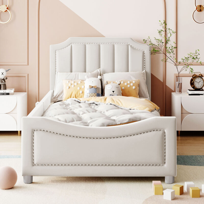Lit enfant Lit Simple 90x200 cm, canapé-lit cadre, avec dossier lit, beige