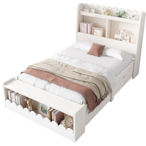 Lit d'enfant Lit simple avec tiroirs, étagère et banc avec espace de rangement, lit en bois 90x200 cm, cadre de lit et sommier en bois, blanc avec couleur chêne (sans matelas)