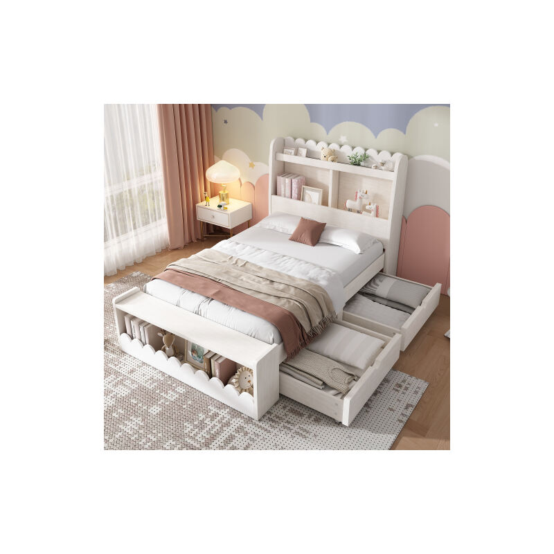 Lit d'enfant lit simple lit de rangement avec tiroirs, étagère et banquette avec espace de rangement, lit en bois 90x200 cm , cadre de lit et sommier