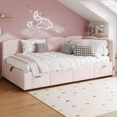 Lit d'enfant rembourré 90x200 cm, avec sommier à lattes, chargeur USB, sac de rangement, velours, rose