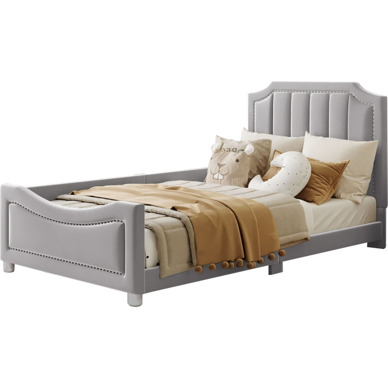 Lit d'enfant rembourré en gris 90 x 200 cm, bride multifonctionnelle sur le cadre de lit