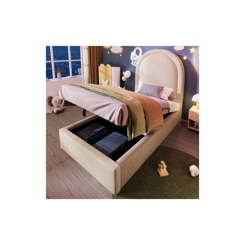 Ineasicer - Lit d'enfant rembourré,Lit simple avec motif cosmique, 90 x 200 cm, Beige,PU pour garçons & filles (sans matelas)